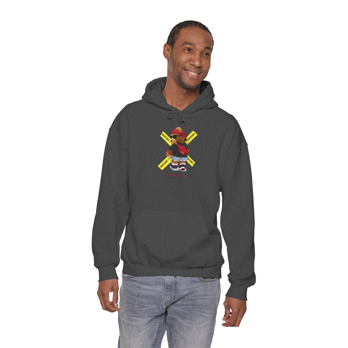 Hockey Bear Graphic Hoodie — 'Never Give Up' Cozy Skate Sweatshirt