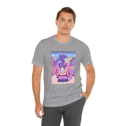 Roaming Through The City Anime Girl Tee — Vaporwave Cityscape Shirt