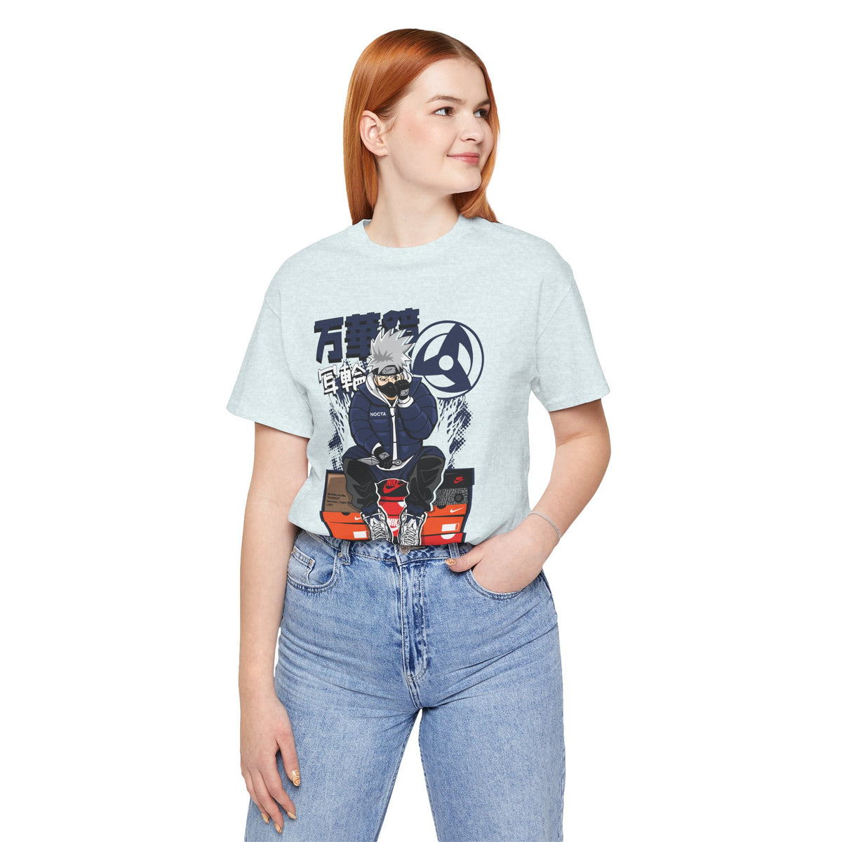 Anime Sneakerhead Tee — Sitting Character on Shoe Boxes with Japanese Text