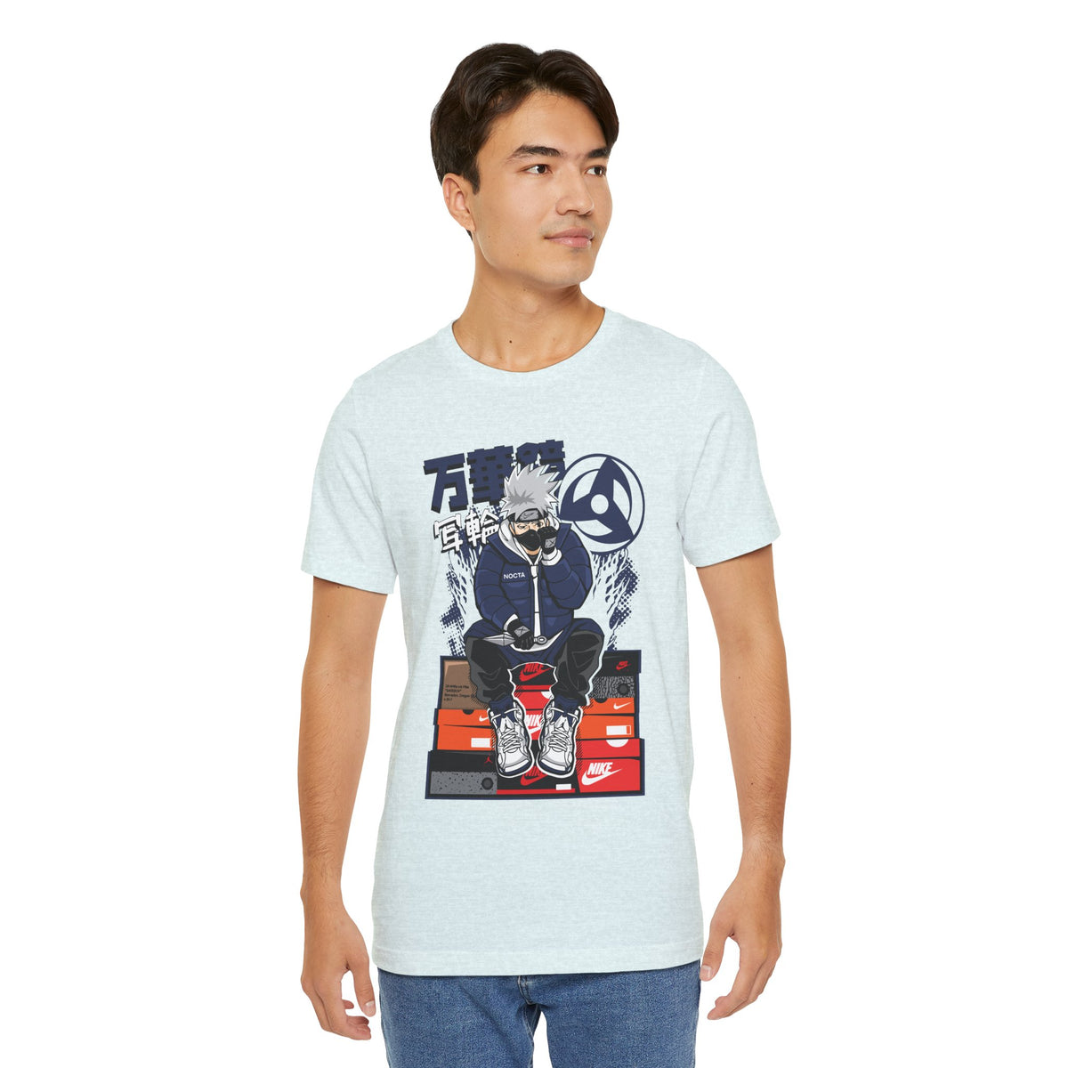 Anime Sneakerhead Tee — Sitting Character on Shoe Boxes with Japanese Text