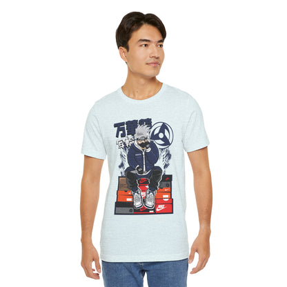Anime Sneakerhead Tee — Sitting Character on Shoe Boxes with Japanese Text