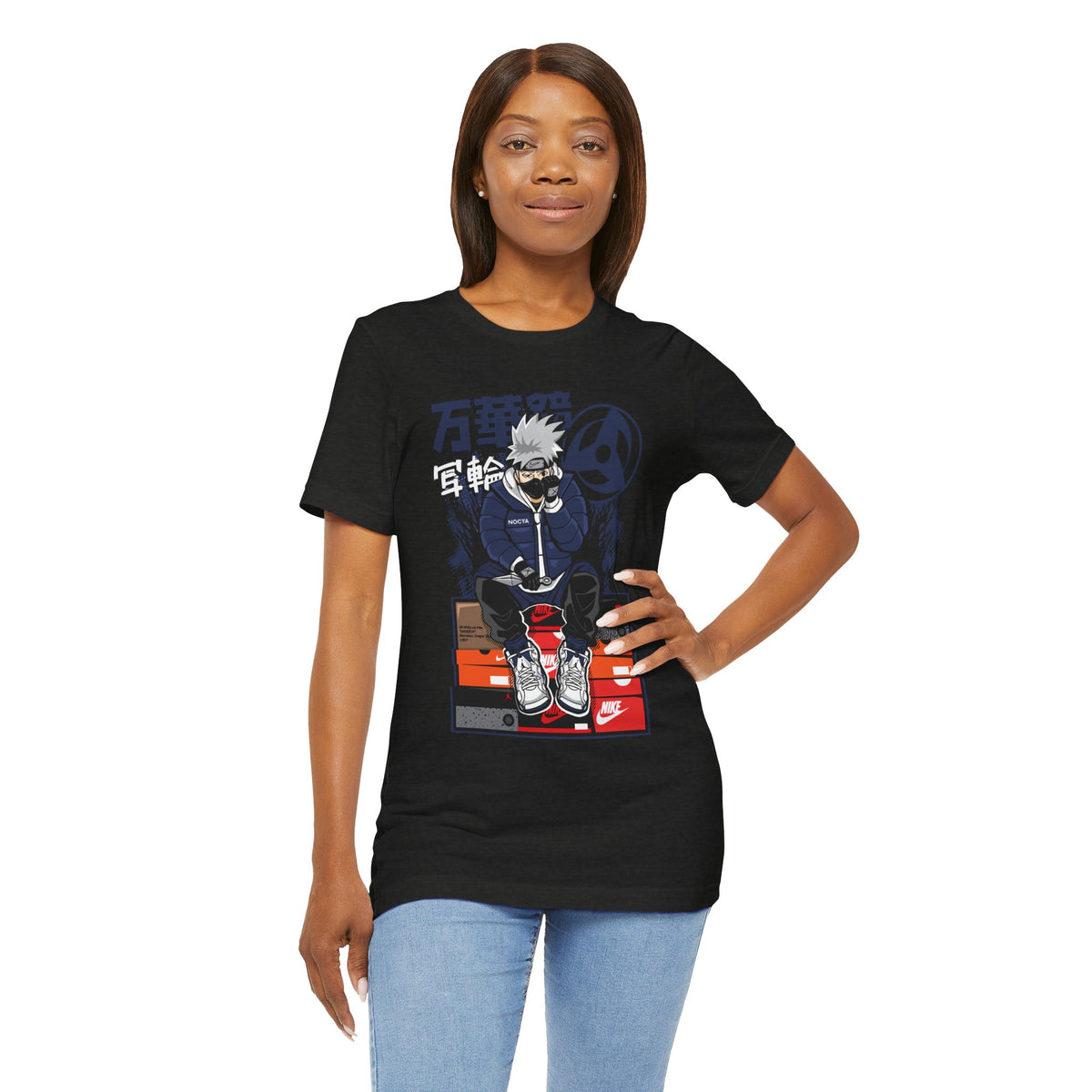 Anime Sneakerhead Tee — Sitting Character on Shoe Boxes with Japanese Text