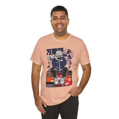 Anime Sneakerhead Tee — Sitting Character on Shoe Boxes with Japanese Text