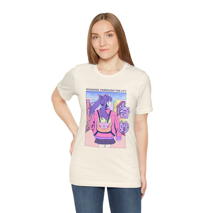 Roaming Through The City Anime Girl Tee — Vaporwave Cityscape Shirt