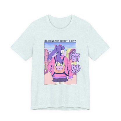 Roaming Through The City Anime Girl Tee — Vaporwave Cityscape Shirt