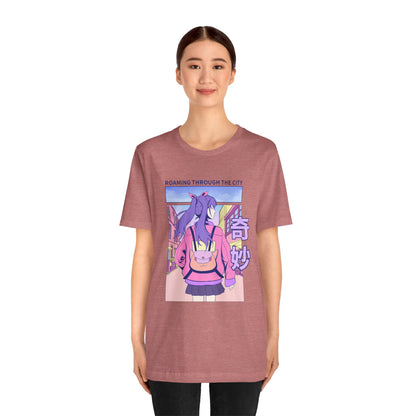 Roaming Through The City Anime Girl Tee — Vaporwave Cityscape Shirt