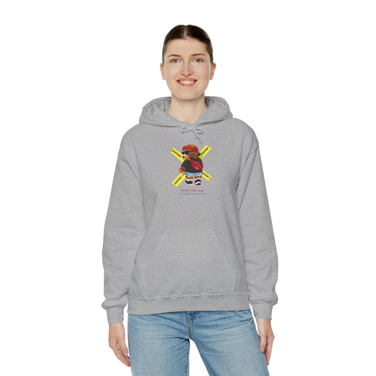 Hockey Bear Graphic Hoodie — 'Never Give Up' Cozy Skate Sweatshirt