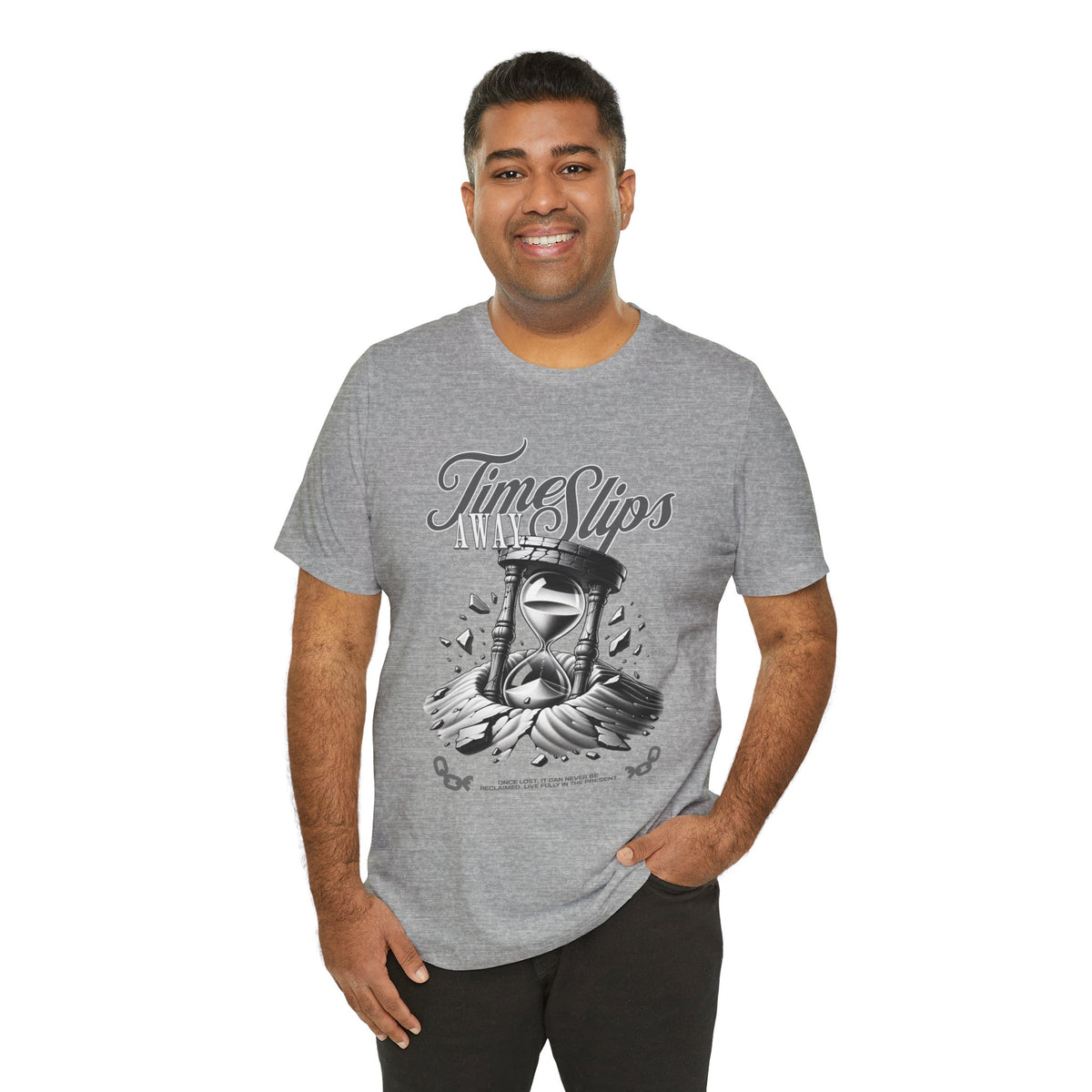 Time Slips Hourglass T‑Shirt — Vintage Black & White Graphic Tee