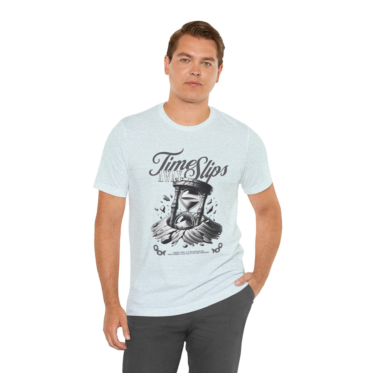 Time Slips Hourglass T‑Shirt — Vintage Black & White Graphic Tee