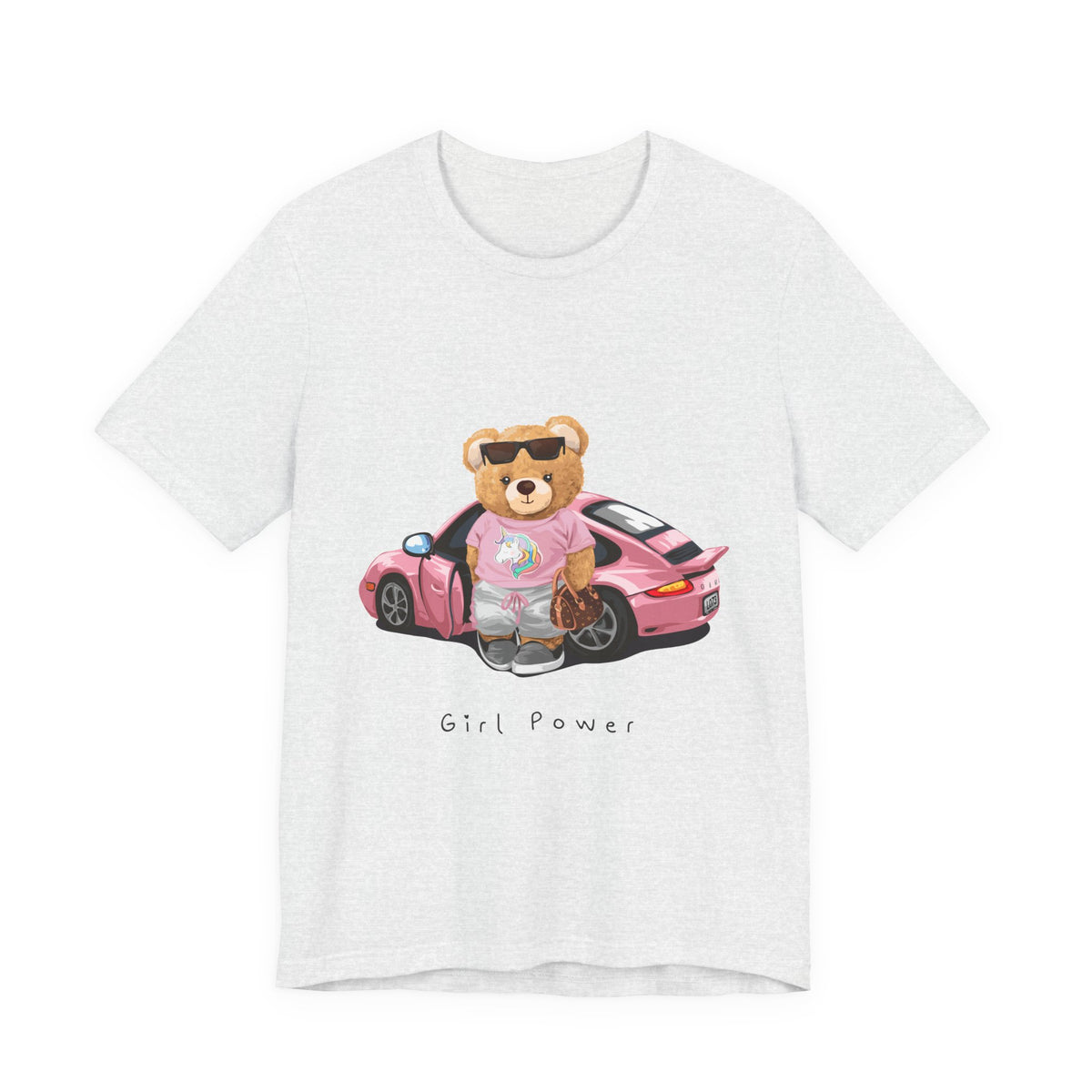 Girl Power Bear Tee — Cute Pink Car Teddy Graphic T-Shirt