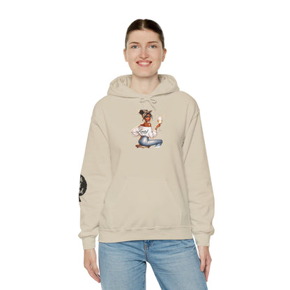 Cozy Chick Hoodie — Fashionable Woman Relaxing with Coffee Graphic Hooded Sweatshirt