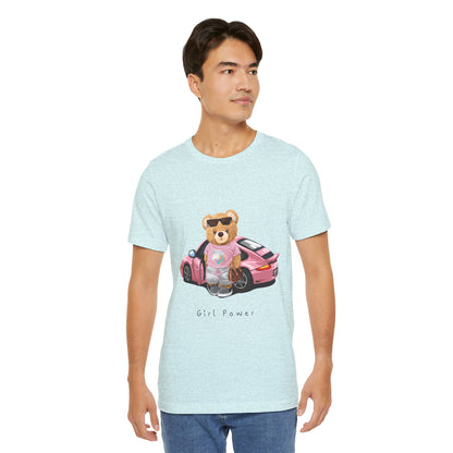 Girl Power Bear Tee — Cute Pink Car Teddy Graphic T-Shirt