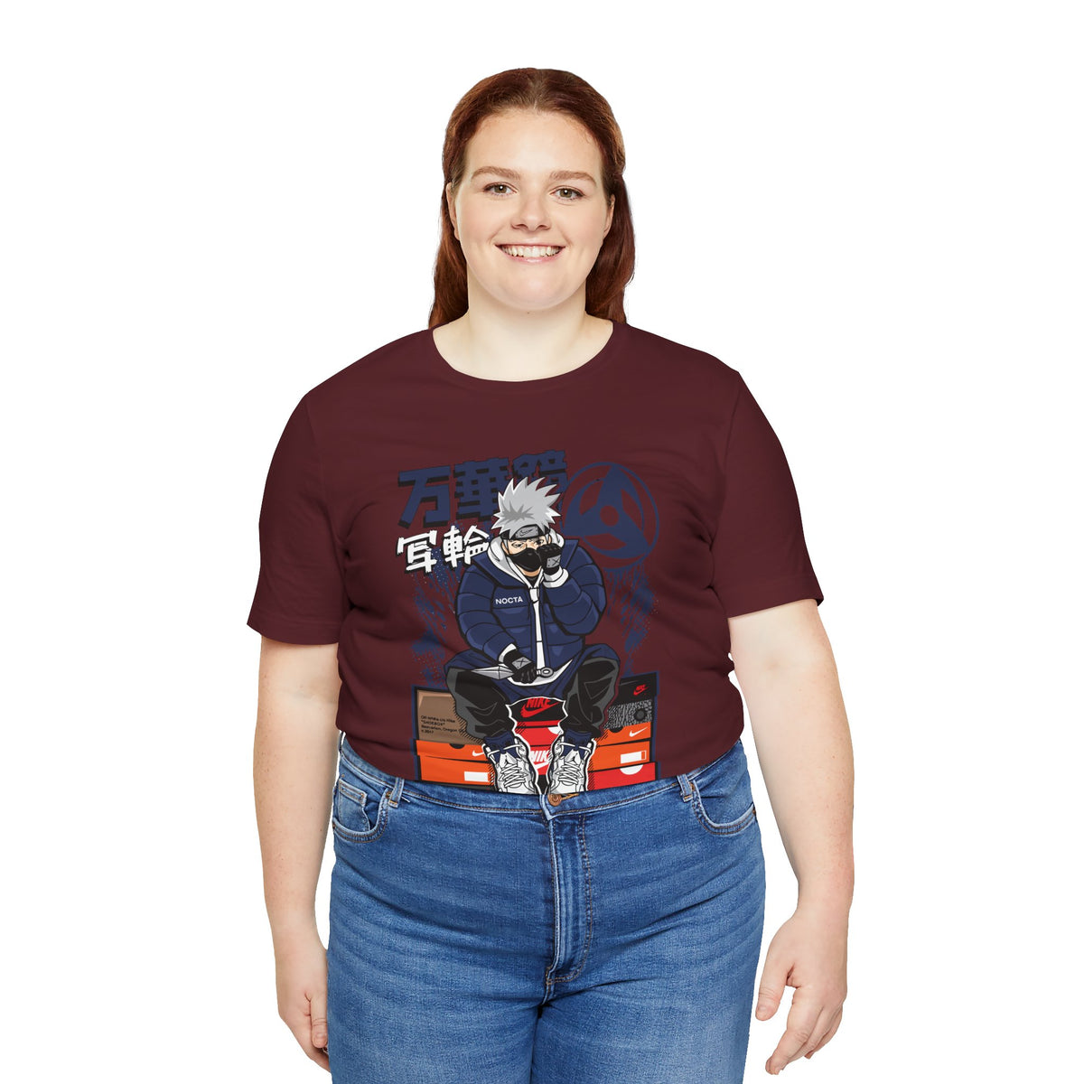 Anime Sneakerhead Tee — Sitting Character on Shoe Boxes with Japanese Text