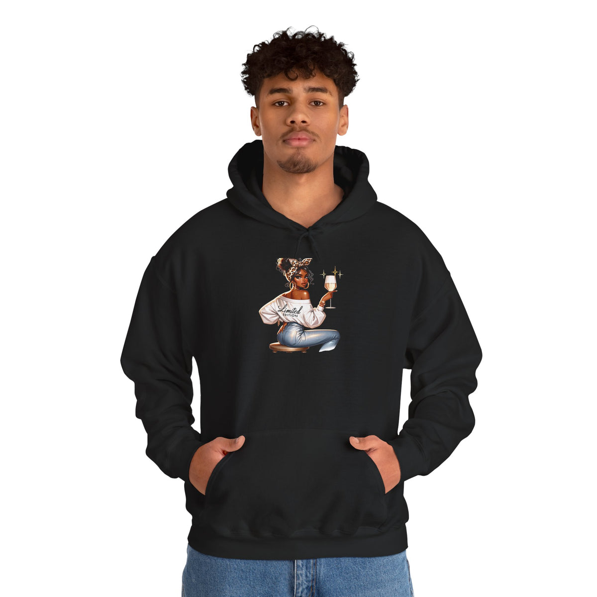 Cozy Chick Hoodie — Fashionable Woman Relaxing with Coffee Graphic Hooded Sweatshirt
