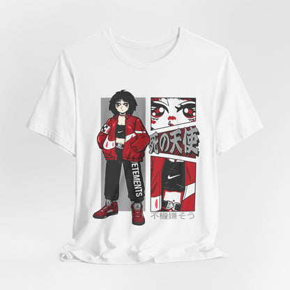 Anime Streetwear Tee — Red-Jacket Angel Graphic