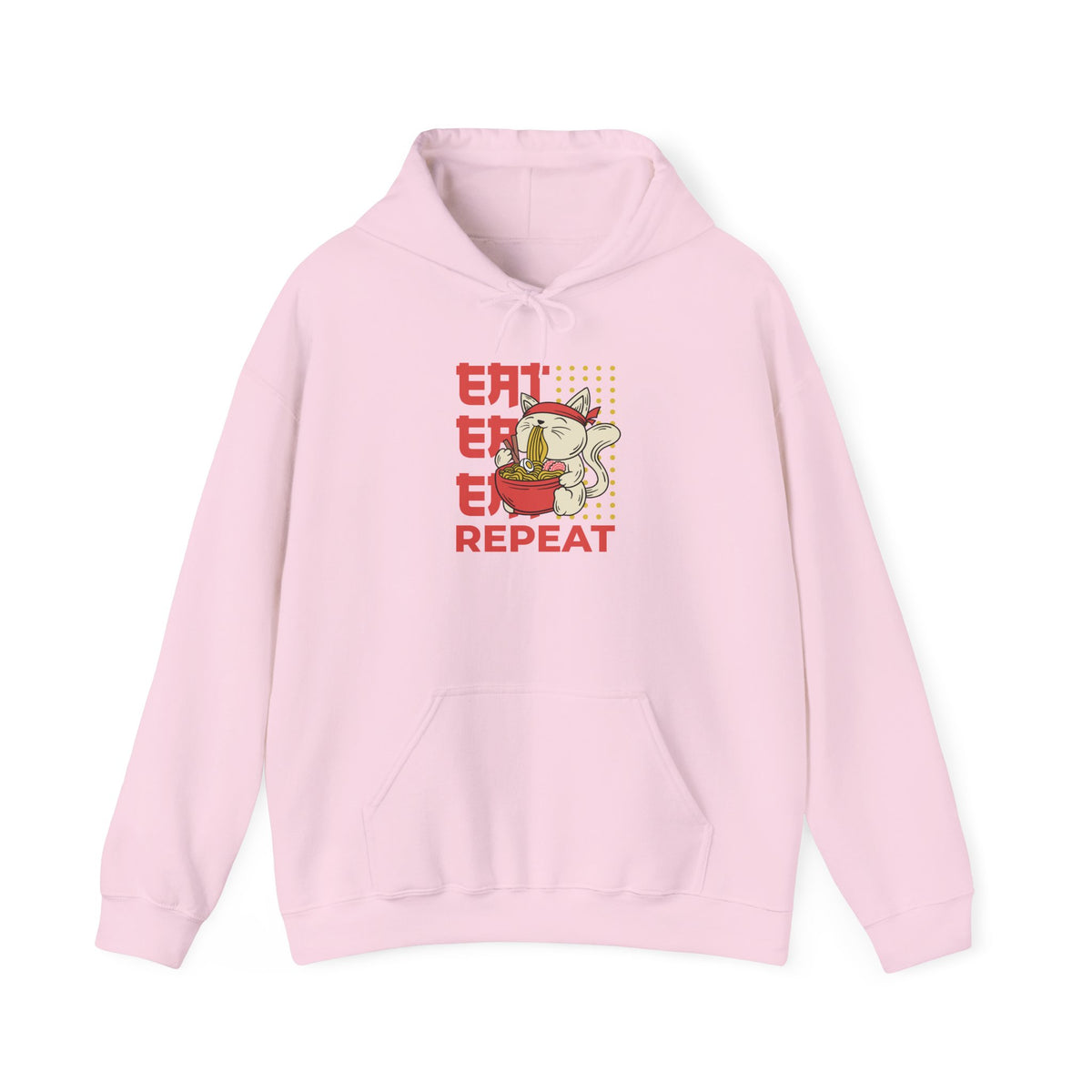 Eat Eat Eat Repeat Hoodie — Cute Cat Eating Ramen Graphic Sweatshirt
