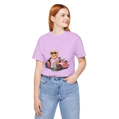 Girl Power Bear Tee — Cute Pink Car Teddy Graphic T-Shirt