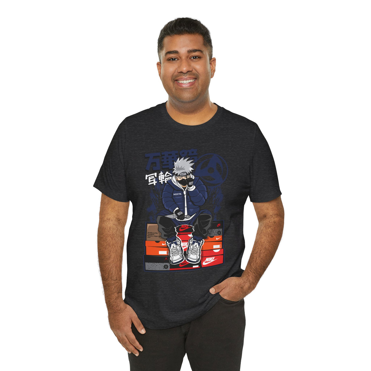 Anime Sneakerhead Tee — Sitting Character on Shoe Boxes with Japanese Text
