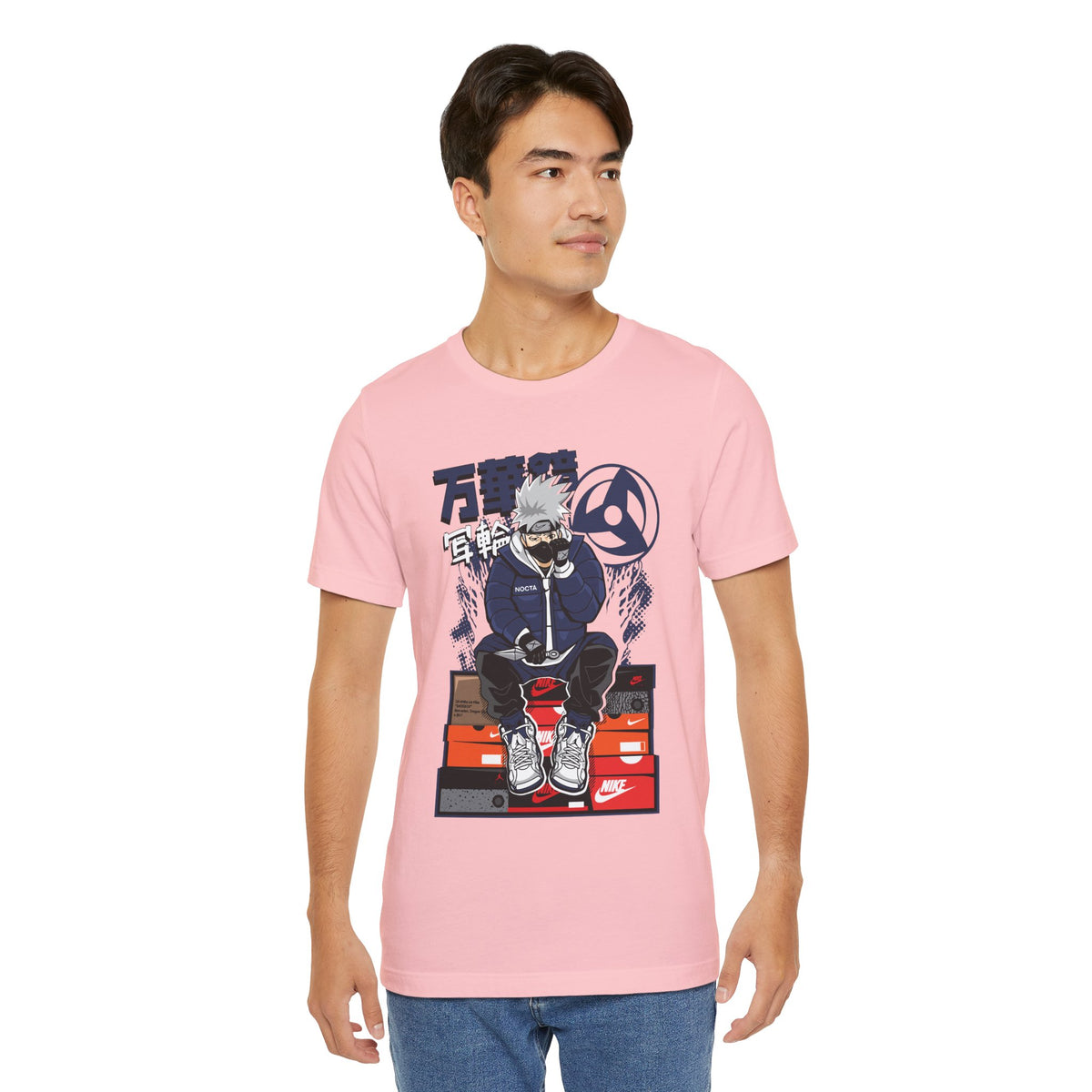 Anime Sneakerhead Tee — Sitting Character on Shoe Boxes with Japanese Text