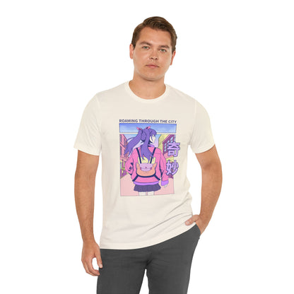 Roaming Through The City Anime Girl Tee — Vaporwave Cityscape Shirt