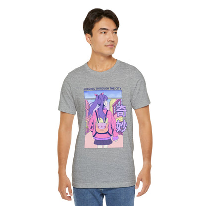Roaming Through The City Anime Girl Tee — Vaporwave Cityscape Shirt