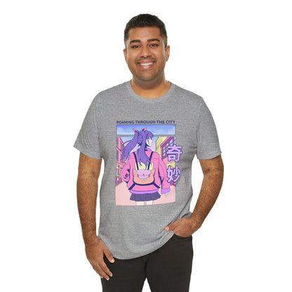 Roaming Through The City Anime Girl Tee — Vaporwave Cityscape Shirt