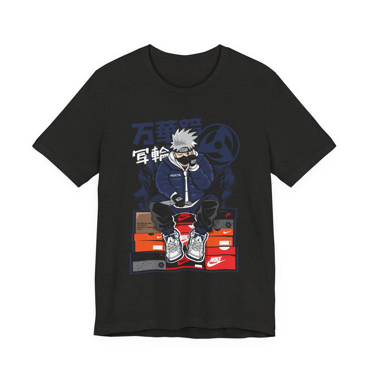 Anime Sneakerhead Tee — Sitting Character on Shoe Boxes with Japanese Text