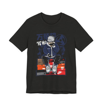 Anime Sneakerhead Tee — Sitting Character on Shoe Boxes with Japanese Text