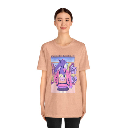 Roaming Through The City Anime Girl Tee — Vaporwave Cityscape Shirt