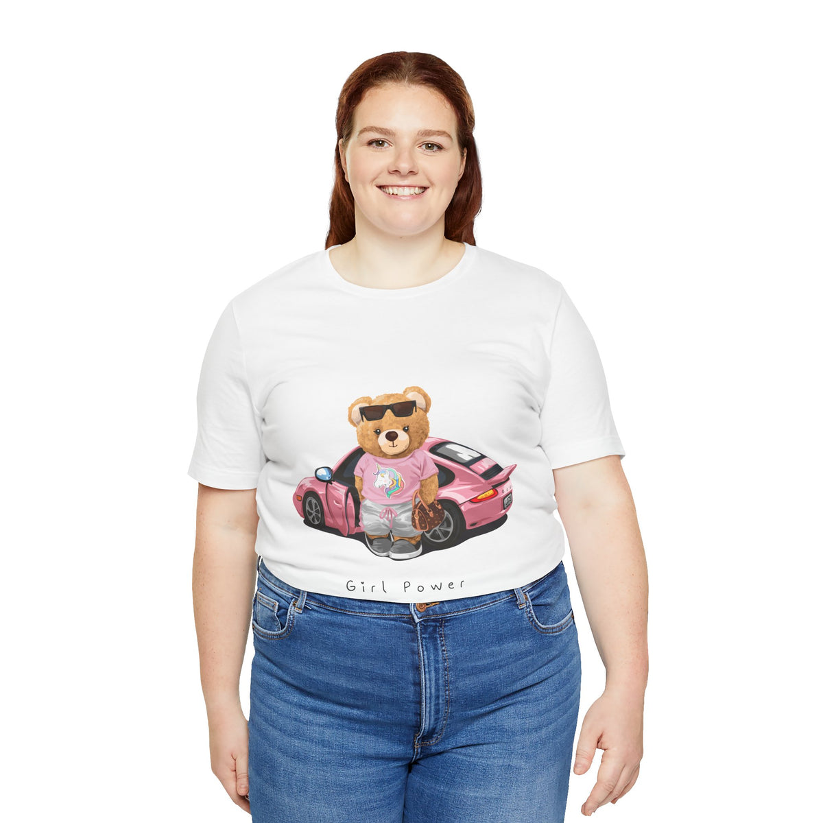 Girl Power Bear Tee — Cute Pink Car Teddy Graphic T-Shirt