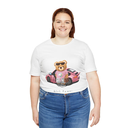 Girl Power Bear Tee — Cute Pink Car Teddy Graphic T-Shirt