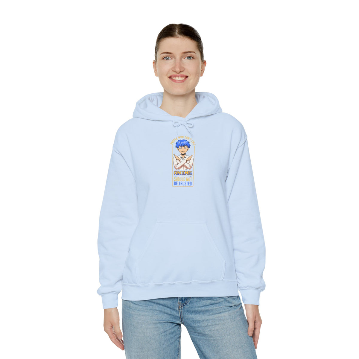 Anime Blue-Haired Character Hoodie — 'Promise to Be Trusted' Graphic Pullover
