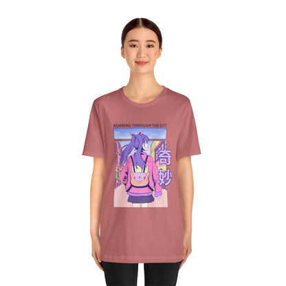 Roaming Through The City Anime Girl Tee — Vaporwave Cityscape Shirt