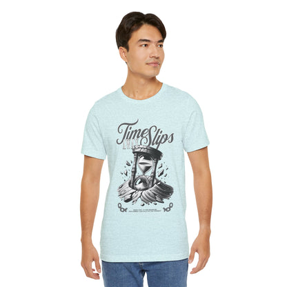 Time Slips Hourglass T‑Shirt — Vintage Black & White Graphic Tee