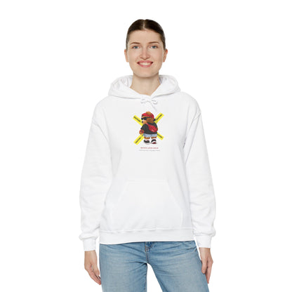 Hockey Bear Graphic Hoodie — 'Never Give Up' Cozy Skate Sweatshirt