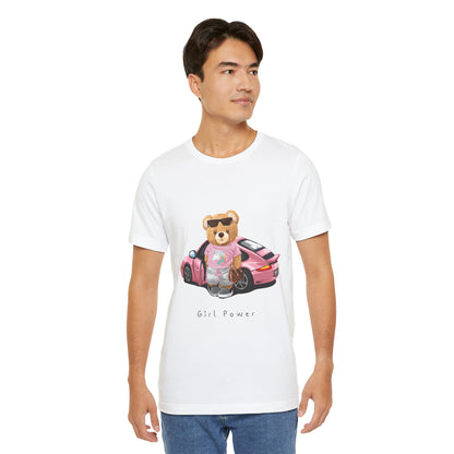 Girl Power Bear Tee — Cute Pink Car Teddy Graphic T-Shirt