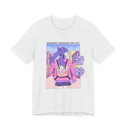 Roaming Through The City Anime Girl Tee — Vaporwave Cityscape Shirt
