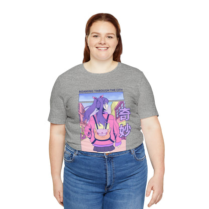 Roaming Through The City Anime Girl Tee — Vaporwave Cityscape Shirt