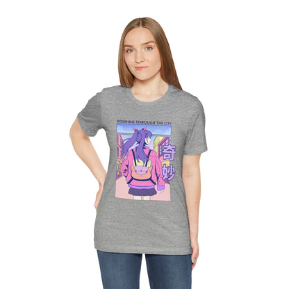 Roaming Through The City Anime Girl Tee — Vaporwave Cityscape Shirt