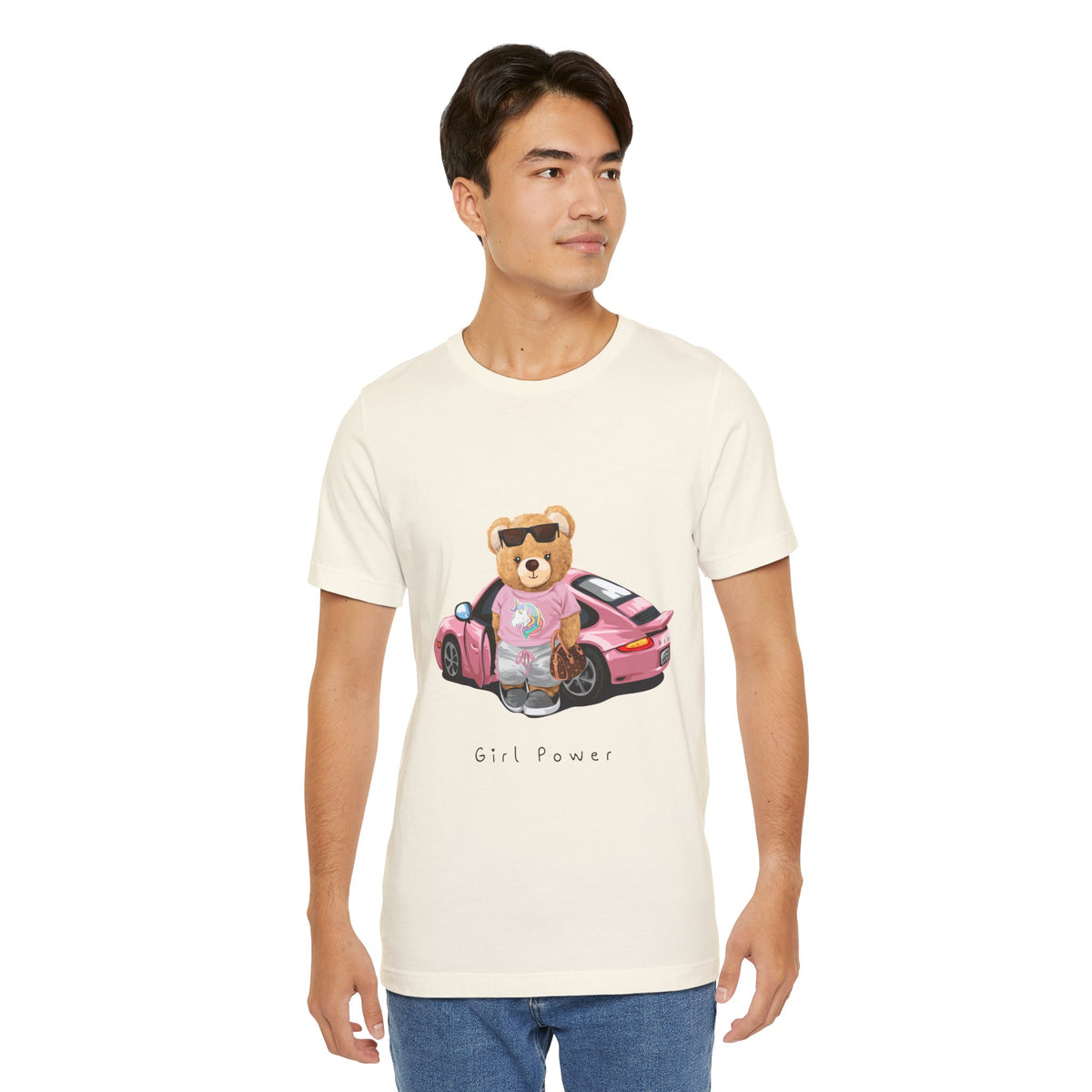 Girl Power Bear Tee — Cute Pink Car Teddy Graphic T-Shirt