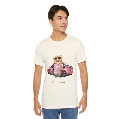Girl Power Bear Tee — Cute Pink Car Teddy Graphic T-Shirt