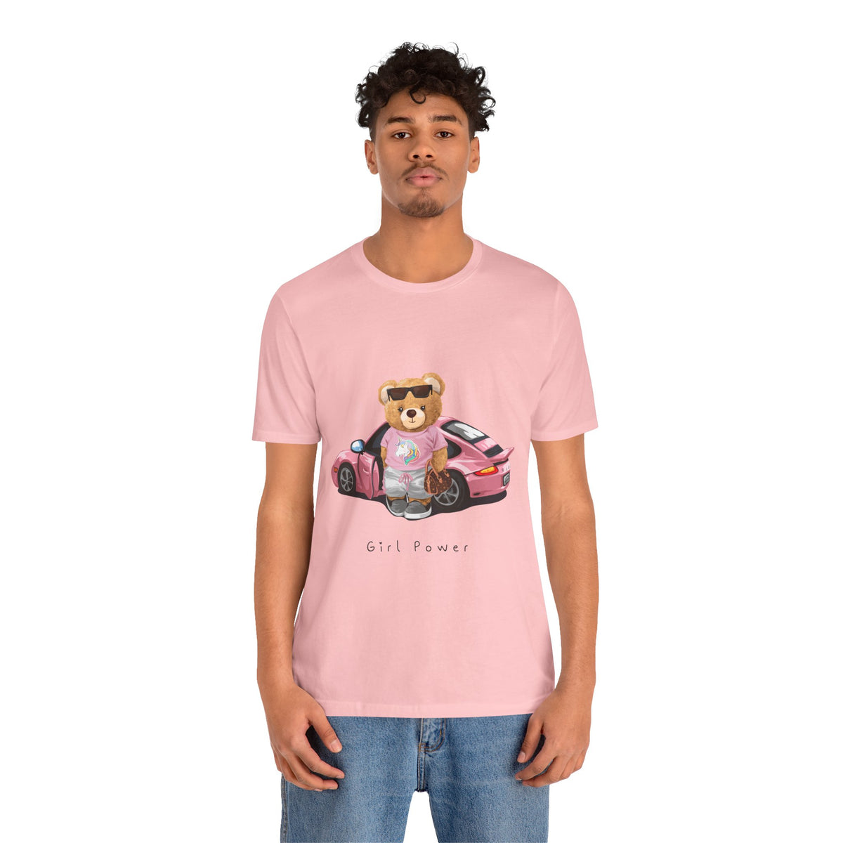 Girl Power Bear Tee — Cute Pink Car Teddy Graphic T-Shirt