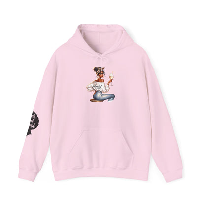 Cozy Chick Hoodie — Fashionable Woman Relaxing with Coffee Graphic Hooded Sweatshirt