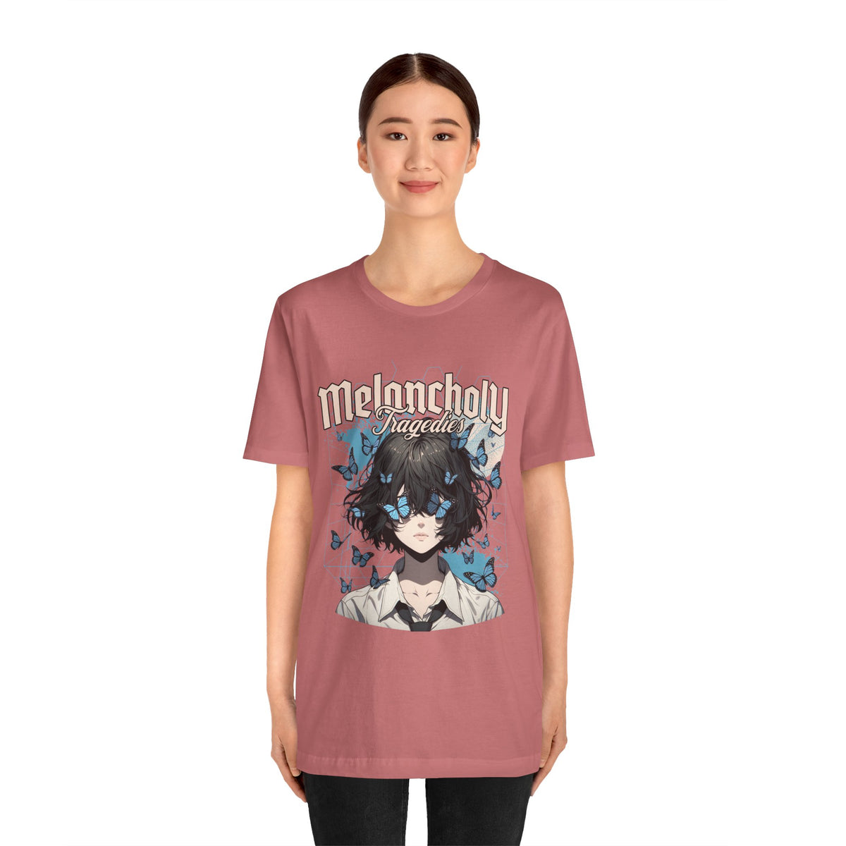 Melancholy Tragedia Anime Tee — Blue Butterflies Graphic T-Shirt