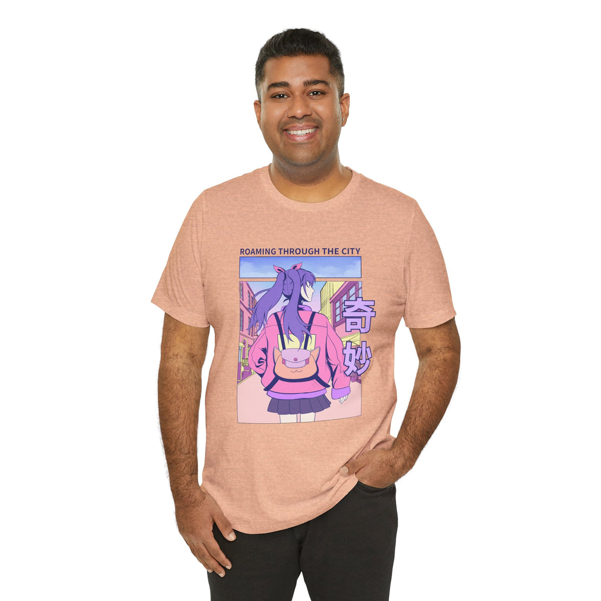 Roaming Through The City Anime Girl Tee — Vaporwave Cityscape Shirt