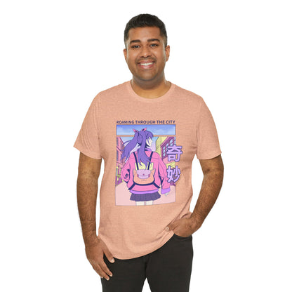 Roaming Through The City Anime Girl Tee — Vaporwave Cityscape Shirt