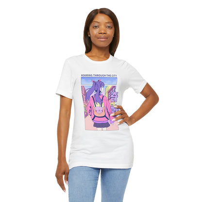 Roaming Through The City Anime Girl Tee — Vaporwave Cityscape Shirt