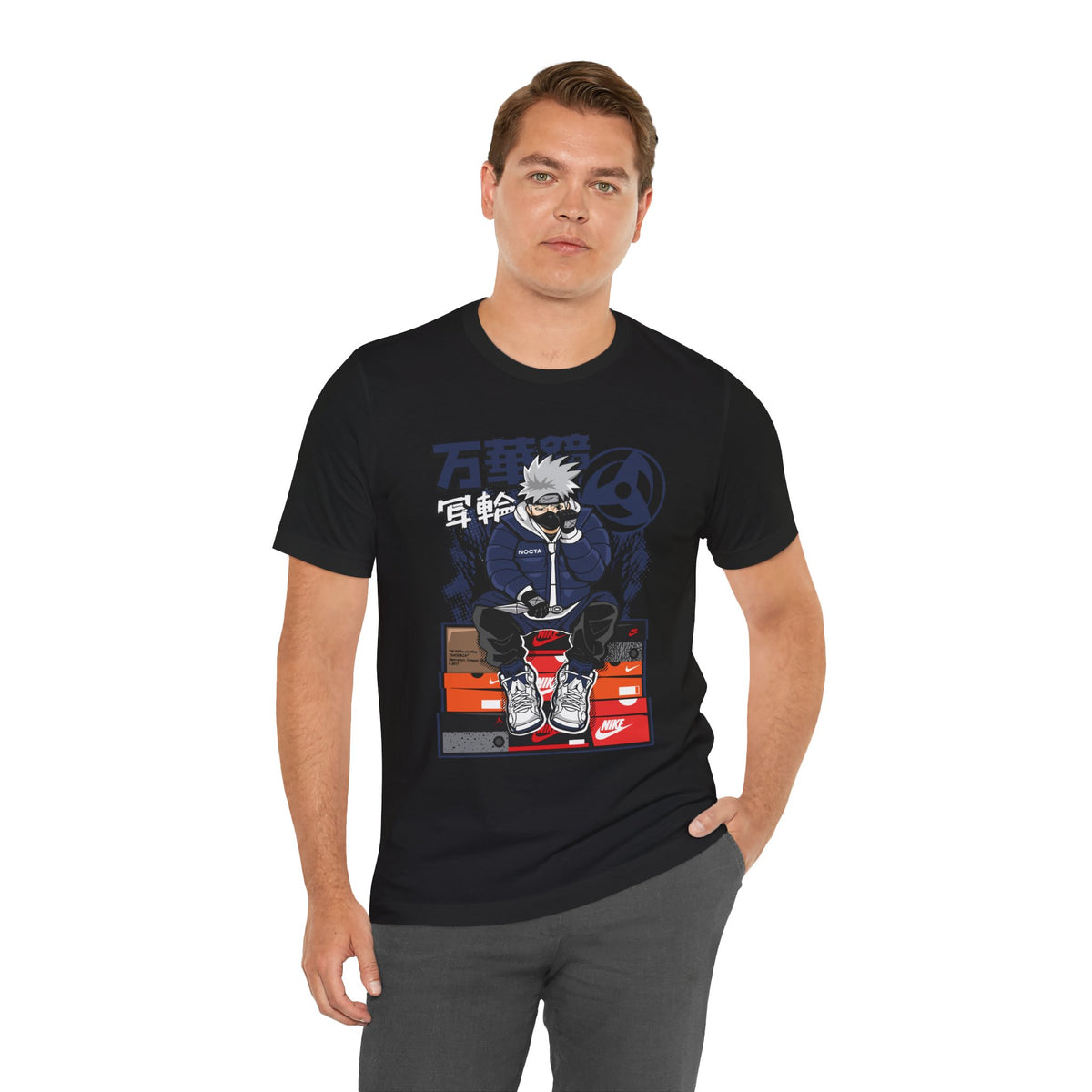 Anime Sneakerhead Tee — Sitting Character on Shoe Boxes with Japanese Text