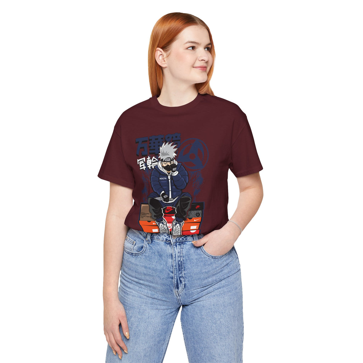 Anime Sneakerhead Tee — Sitting Character on Shoe Boxes with Japanese Text
