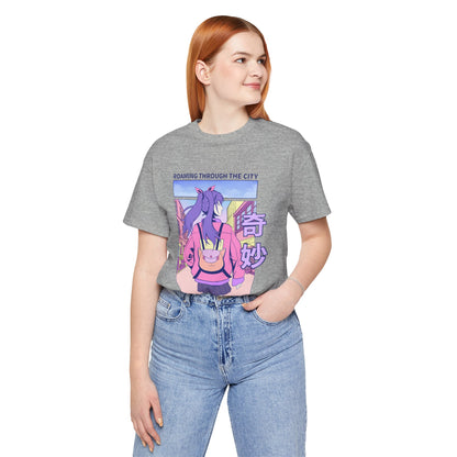 Roaming Through The City Anime Girl Tee — Vaporwave Cityscape Shirt